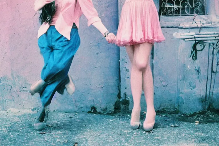 Image similar to film photography, 35mm, 1970s, love and romantic in blue pink colors, feeling of young and freedom