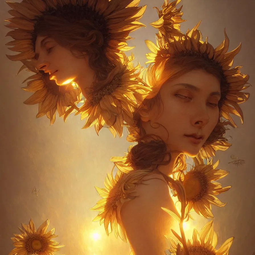 Prompt: sacred sunflowers, emiting mystical light, intricate, elegant, highly detailed, my rendition, digital painting, artstation, concept art, smooth, sharp focus, radiant light, illustration, art by artgerm and greg rutkowski and alphonse mucha