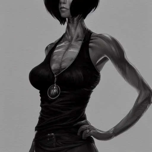 Image similar to a black haired woman in a black tank top, muscular upper body, abs, d & d, fantasy, intricate, elegant, highly detailed, digital painting, artstation, concept art, smooth, sharp focus, illustration, art by simon bisley