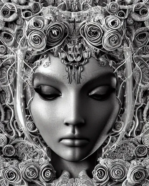 Image similar to mythical dreamy black and white organic bio-mechanical spinal ribbed profile face portrait detail of translucent steampunk beautiful siamese females angelic-human-queen-vegetal-cyborg, highly detailed, intricate trnaslucent ivy jelly ornate, poetic, translucent roses ornate, 3D render, digital art, octane render, 8K artistic photography, photo-realistic, by Dora Maar