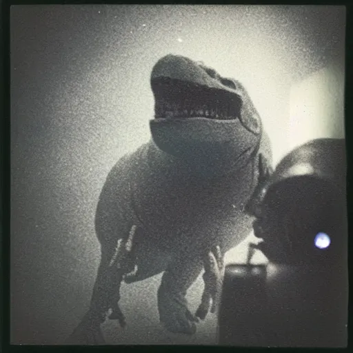 Prompt: last selfie of t - rex before comet hits the ground, polaroid, scratch and dust