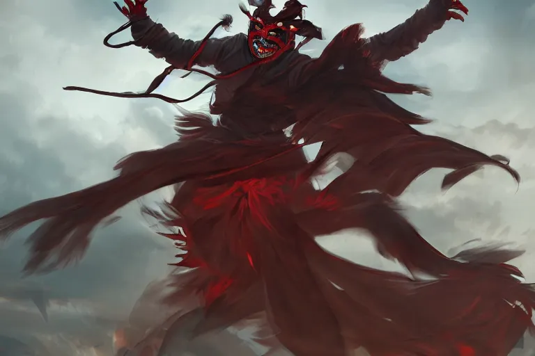 Prompt: a man in a tengu mask controlling the wind with his hands, dynamic, action pose, digital painting, WLOP, trending on artstation, 8k, epic composition, highly detailed, sharp focus