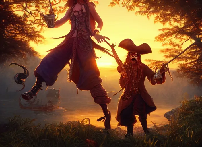 Image similar to a cool looking pirate eating magic mushroom, golden hour, fantasy, sharp focus, digital art, hyper realistic, 4 k, unreal engine, highly detailed, hd, dramatic lighting by brom, trending on artstation