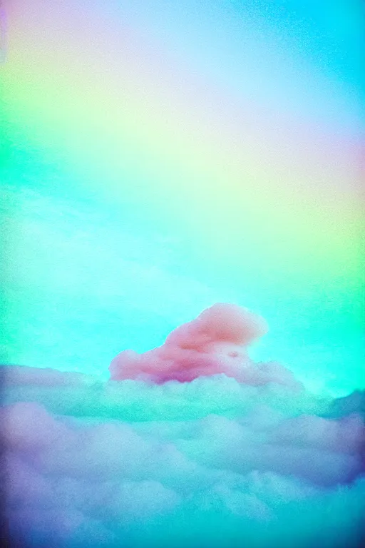 Image similar to high quality pastel coloured film close up wide angle photograph of a model wearing clothing swimming on cloud furniture in a icelandic black rock!! environment in a partially haze filled dreamstate world. three point light, rainbow. photographic production. art directed. pastel colours. volumetric clouds. pastel gradient overlay. waves glitch artefacts. extreme facial clarity. 8 k. filmic.