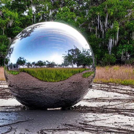 Image similar to a large metallic ball with a mirror finish site in the florida everglades covered in mud, photorealistic