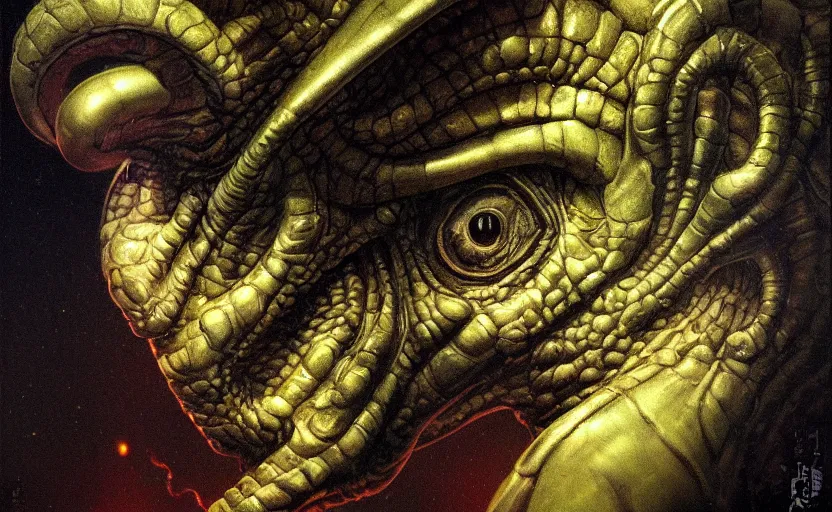 Prompt: a neoclassicist close - up portrait of a reptile entity with surrealist features. iridescent reflective alien technology. foggy black background. highly detailed science fiction painting by norman rockwell, frank frazetta, syd mead and moebius. rich colors, high contrast, gloomy atmosphere, dark background. trending on artstation.