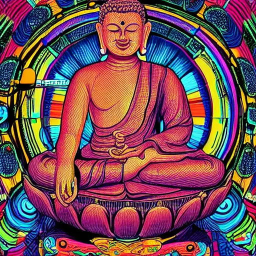 Image similar to buddha playin guitar with his band. symmetrical anatomy, very detailed design, complexity of the picture, with pop punk style, colorful, accompanied by body, pure image without duplication, trending dribble, drawn by vinicius gud and gustavo zambelli