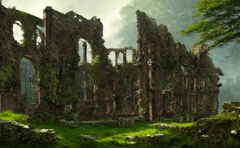 Image similar to ruins of an old castle covered by plant and moss by greg ruthkowski and craig mullins and caspar david friedrich