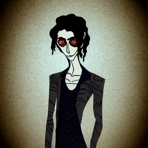 Image similar to young man portrait, black hair, skinny, sleep deprived, corpse bride art style