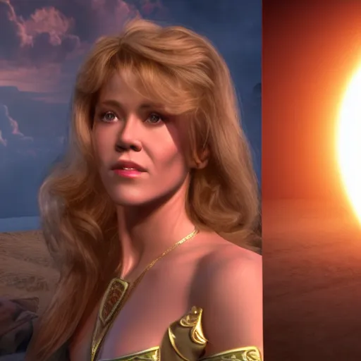 Image similar to young jane fonda as dejah thoris : : octane render, unreal engine 5, cinematic lighting