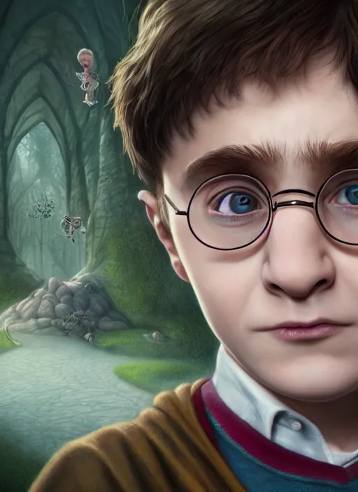 Image similar to highly detailed closeup portrait of harry potter, unreal engine, nicoletta ceccoli, mark ryden, lostfish, earl norem, global illumination, god rays, detailed and intricate environment