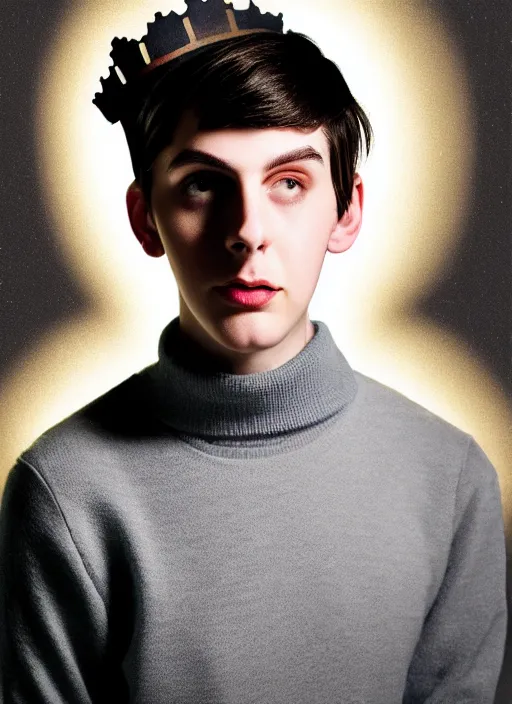 Image similar to portrait of teenage jughead jones wearing a light grey crown, crown, blue turtleneck, 1 9 5 0 s, closed eyes, photorealistic, black hair, glowing lighting, intricate, elegant, glowing lights, highly detailed, digital painting, artstation, concept art, smooth, sharp focus, illustration, art by wlop, mars ravelo and greg rutkowski