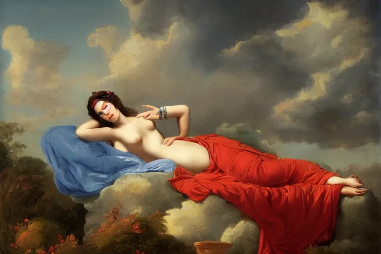 Image similar to a beautiful godess relaxing on a cloud by max, peter, portrait,