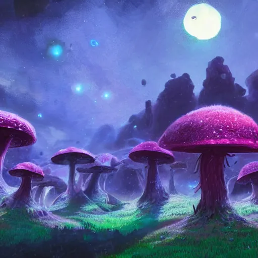 Image similar to concept art painting of a fantasy alien fungal landscape at night, magenta trees, glowing blue mushrooms, village of houses made of mushrooms, dark purple sky, realistic, detailed, cel shaded, in the style of makoto shinkai and greg rutkowski and albert bierstadt and james gurney