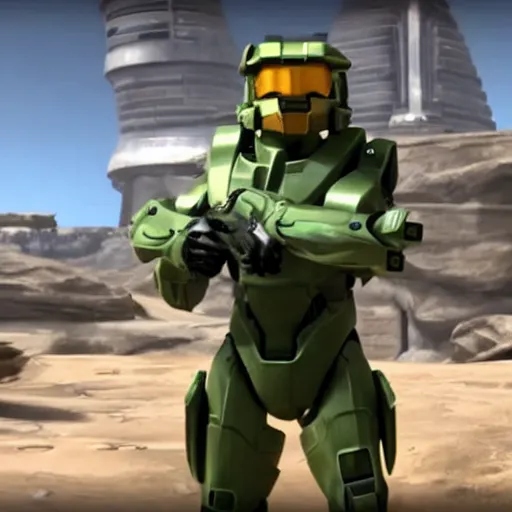 Image similar to Donald Trump wearing the suit of Master Chief from Halo, holding the helmet, gameplay screenshot, cinematic trailer, E3