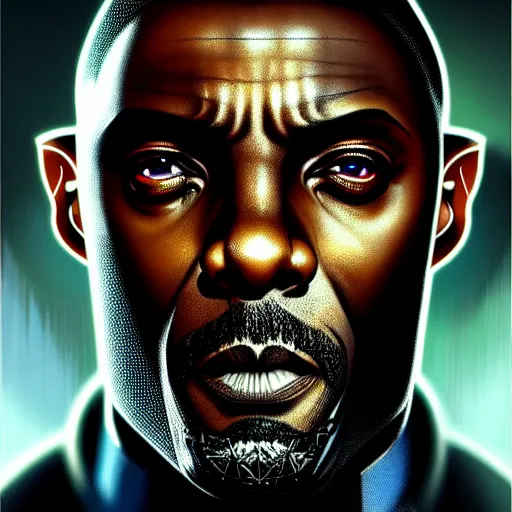 Image similar to portrait painting of a cyberpunk elven corporate boss idris elba, ultra realistic, concept art, intricate details, eerie, highly detailed, photorealistic, octane render, 8 k, unreal engine. art by artgerm and greg rutkowski and charlie bowater and magali villeneuve and alphonse mucha