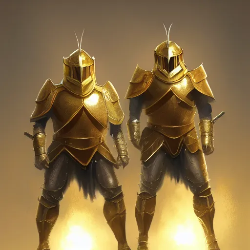 Prompt: 2 knights wearing gold armor guarding a door, artstation, volumetric lighting, exquisite detail, octane render, 8 k postprocessing, fantasy, medieval, highly detailed, art by greg rutkowski