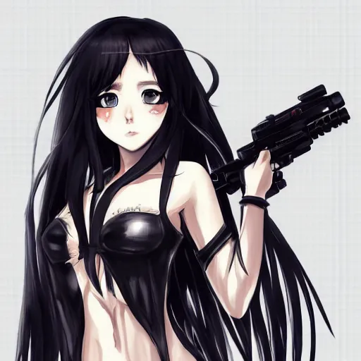 Image similar to upper body portrait of a beautiful girl with long black hair, wearing black riot gear, holding AR-15, drawn by WLOP, by Avetetsuya Studios, attractive character, colored sketch anime manga panel, trending on Artstation