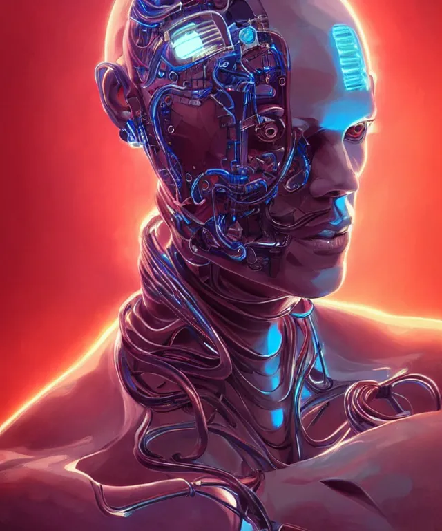 Image similar to a man turning into an Android portrait wearing a part cybernetic body, surrealism , scifi, intricate, elegant, sharp eyebrows, highly detailed cybernetic body, neon glowing eyes, digital painting, artstation, concept art, smooth, sharp focus, illustration, art by Artgerm and moebius and Peter Mohrbacher