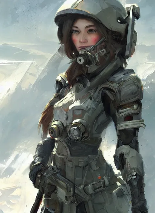 Image similar to of a beautiful sniper girl in war, with some futuristic gear and helmet, portrait by ruan jia and richard s. johnson, detailed, epic video game art, warm color tone