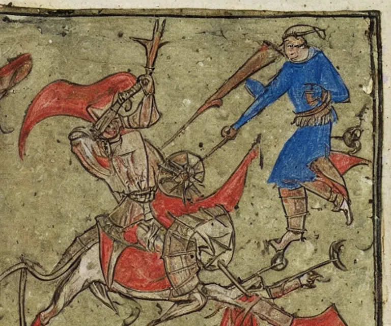 Prompt: 1 4 th century manuscript marginalia, illustration of a knight fighting a snail