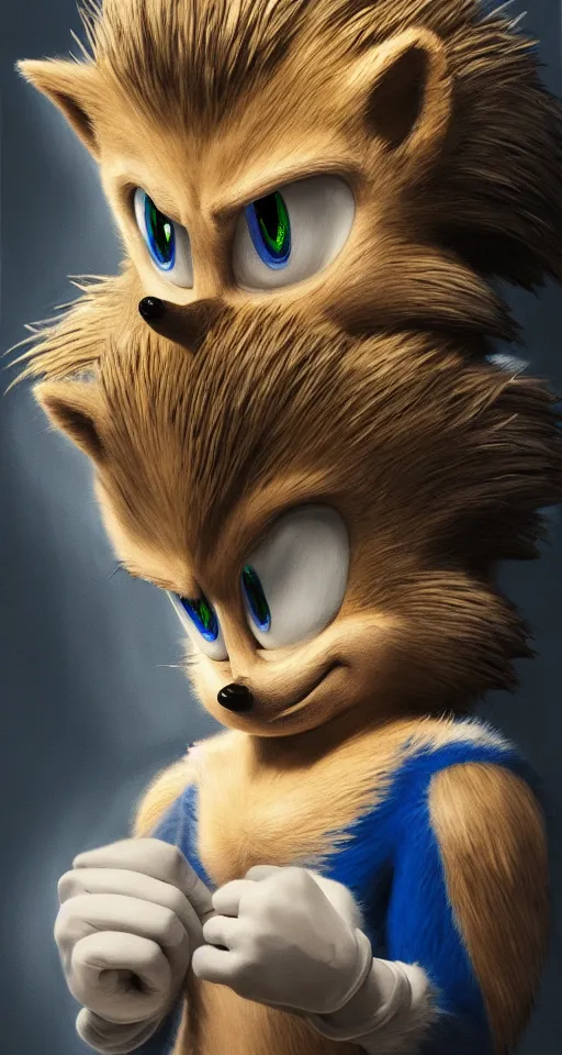 Prompt: studious portrait painting of sonic the hedgehog, chiaroscuro, elegant highly detailed oil painting 4 k, archival scan