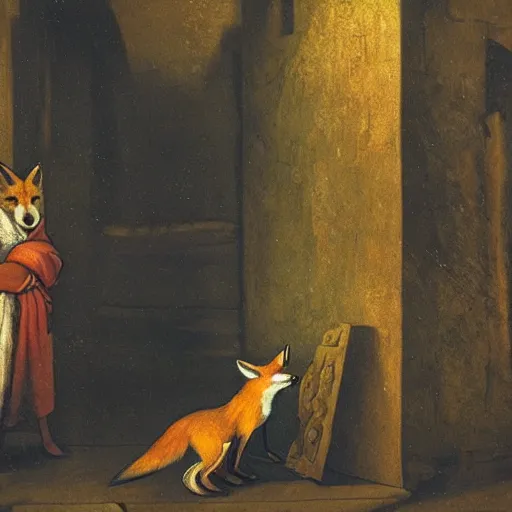 Image similar to a Fox explores a Dungeon, luminous, Renaissance Painting
