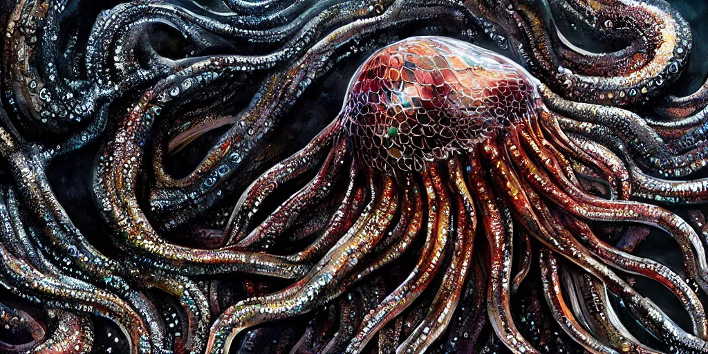 Image similar to giant wet glistening medusa octopus chimera, dripping mucus from its transparent quivering flesh, detailed multicoloured scales and feathers, dark black bulbous eyes, bones and spines, ocean, storm, mist, moody, low key dramatic lighting, octane render, in the style of sam shearon, clean digital art trending on art station