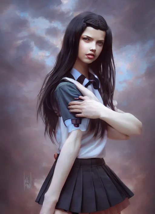 Image similar to a beautiful woman with school uniform, seifuku, pleated miniskirt, overknee socks, adriana lima, painted by artgerm and tom bagshaw, fantasy art, dramatic lighting, highly detailed oil painting, volumetric lighting