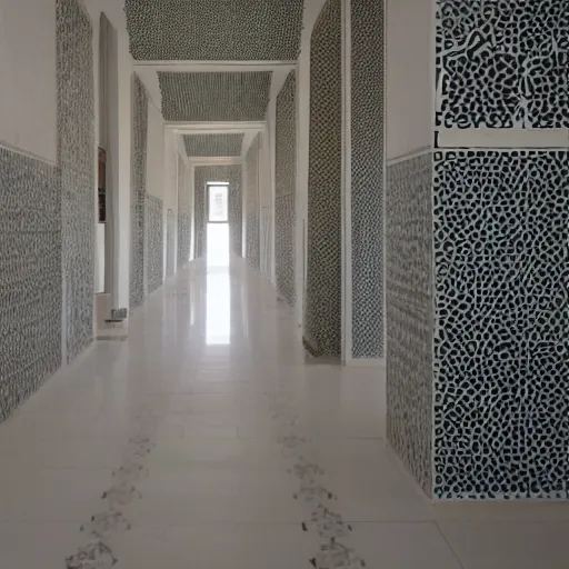 Prompt: photo of a vast interior space of irregular rooms and corridors, bizarre architecture. ceramic white tiles on all the walls.