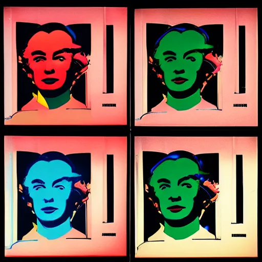 Image similar to old - style cyborg, 6 panels by andy warhol, with highly contrasted colors and an illuminating background