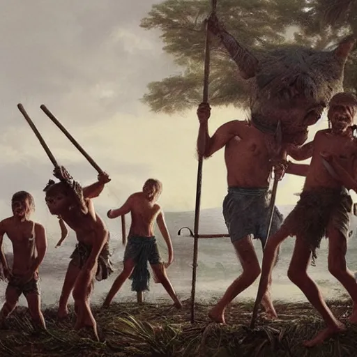 Prompt: teenage boys dressed as savages with wooden clubs dancing around a pig ’ s head on a stick, on a deserted island in the pacific, by greg rutkowski,