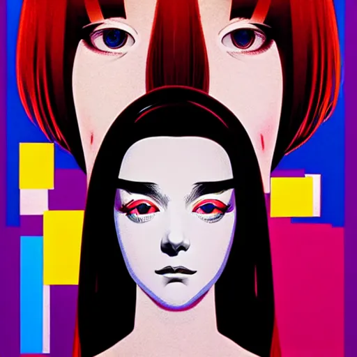 Image similar to young collage artist with warm eyes, slim features looking cross - eyed at you. box office hit, satire and seventies italian horror movie, unreal engine, intricate, ultra detailed 8 k, ambient reflective occlusion, extremely beautiful and aesthetic shape of face and neck, art by hiroaki samura and ilya kuvshinov and rossdraws and andy warhol, inverted
