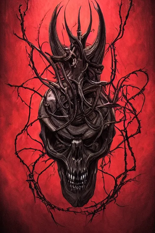 Prompt: realistic portrait beautiful detailed matte painting of cinematic movie scene a wolf skull, tentacles, black and red, thorns, vines, horror, created by gustave dore and greg rutkowski, high detailed, smooth draw, synthwave neon retro, intricate, realistic proportions, dramatic lighting, trending on artstation.