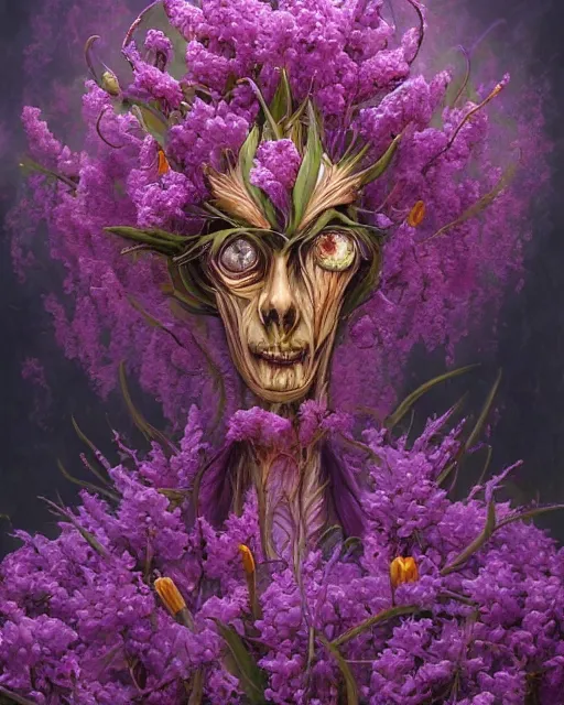 Image similar to Haunting horrifying detailed painting of a tall skinny extraterrestrial flower monster made of lilacs, roses, lilies and daffodils, telekinetic aura, magical powers, and bloodshot eyeballs, hyper detailed, trending on Artstation