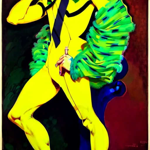 Image similar to art by joshua middleton, the yellow creeper, a tall manically smiling yellow - skinned man with green and black striped cycling shorts and wearing a long red feather boa, yellow makeup, mucha, kandinsky, poster, comic art, stylised design