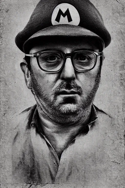 Image similar to nintendo mario, portrait, full body, symmetrical features, silver iodide, 1 8 8 0 photograph, sepia tone, aged paper, sergio leone, master prime lenses, cinematic