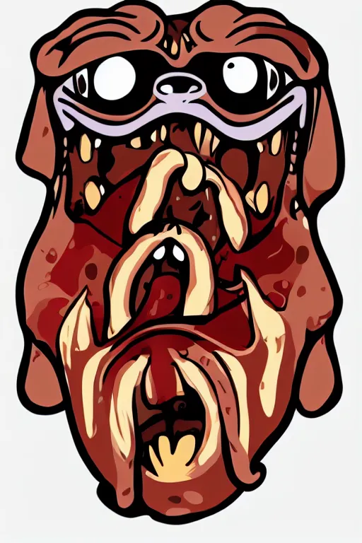 Prompt: demon pug eating flesh. art by samantha mash, sticker, colorful, illustration, highly detailed, simple, smooth and clean vector curves, no jagged lines, vector art, smooth