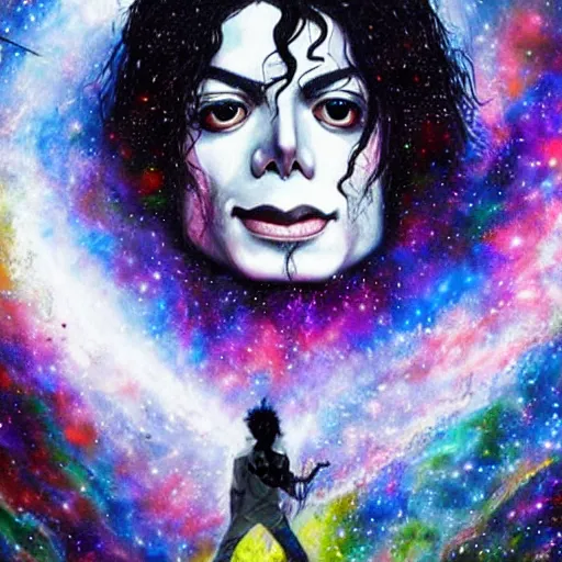 Prompt: painting of Michael Jackson posing in a cosmic scenic environment by Android Jones, trending on Artstation, hyperdetailed, beautiful, stars, planets, nebula, medium shot, mid-shot