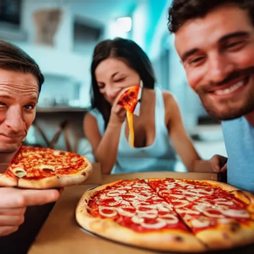 Image similar to people enjoying a pizza in the year 2450, 8k ultra hd, hyper detailed