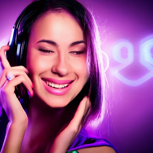 Prompt: Photographic masterpiece of a dj woman smiling, closer look, motion blur, neon lights, purple background, canon 50mm artstation -n 4 -S 109662125