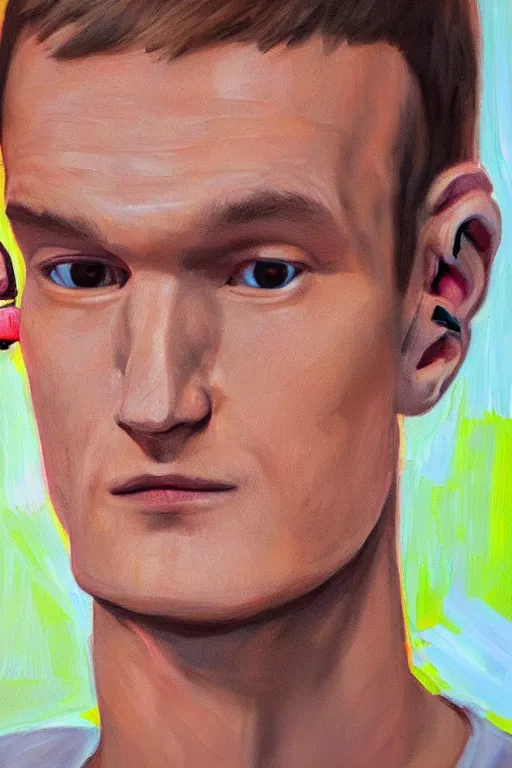 Image similar to vitalik buterin in headphones. vitalik buterin, medium shot, perfect symmetric face, coherent eyes, cute beautiful face, fine details., 4 k, hans zatska, oil paint