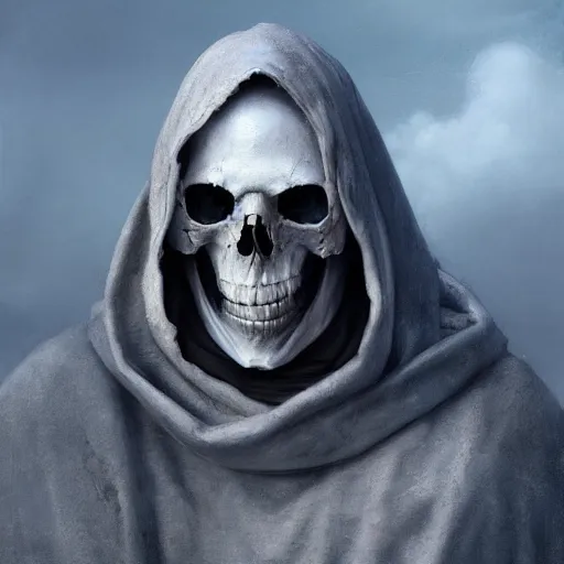 Image similar to a portrait of an hooded man with a skull face, Matte painting , detailed painting, made by Greg Rutkowski, 4k resolution, atmospheric, extremely high detail