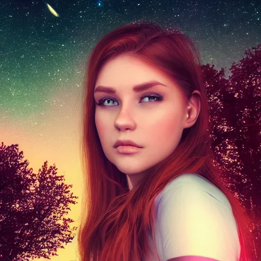 Prompt: an hd photo of a young woman with brown hair, green eyes. background of beautiful trees and night sky with multicolor stars and galaxies, trending on artstation