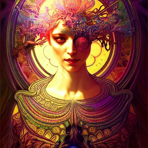 Image similar to An extremely psychedelic experience, surreal, dramatic lighting, magic mushrooms, psilocybin, LSD, face, detailed, intricate, elegant, highly detailed, digital painting, artstation, concept art, smooth, sharp focus, illustration, art by Krenz Cushart and Artem Demura and alphonse mucha