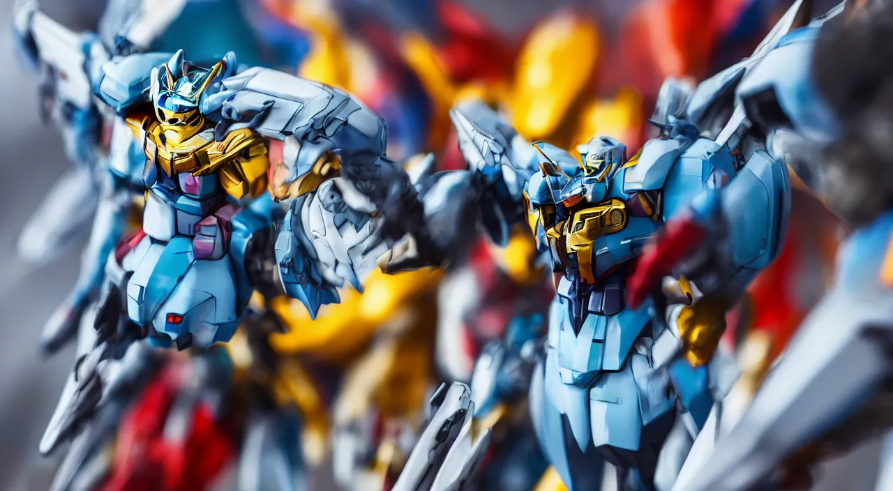 Prompt: medium close up view, Gundam,Guyver,colourful space, bokeh, blur, cinematic lighting