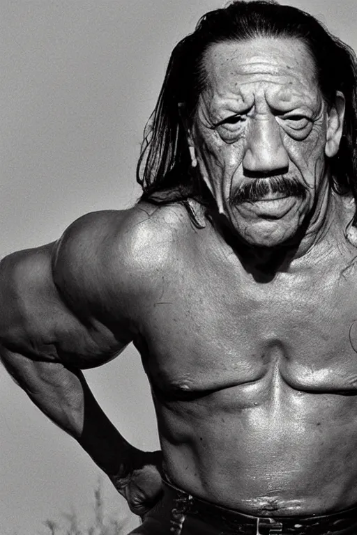 Image similar to danny trejo swimming in a pool of baked beans, realistic, moody grindhouse, dark