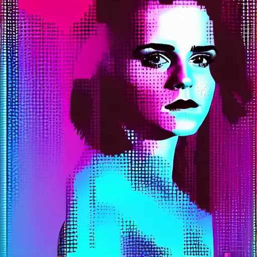 Prompt: a closeup of emma watson, in retro colors, synthwave style, 2 d digital vector art