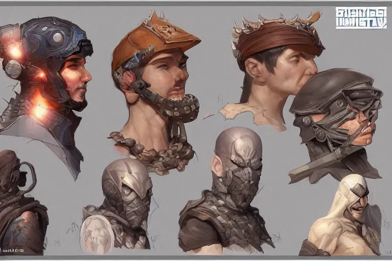 Prompt: 4x3 item concept art grid of legendary loot headgear by artgerm and Craig Mullins, James Jean, Andrey Ryabovichev, Mark Simonetti and Peter Morbacher 16k