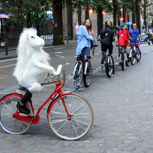 Image similar to unicorn riding on bikes in the city